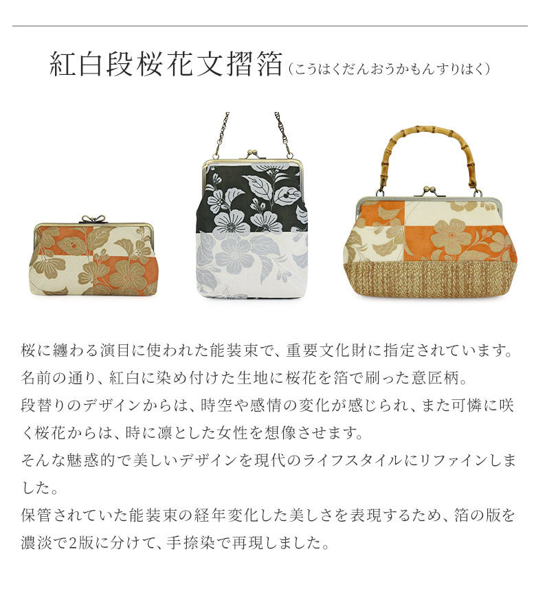 桜に纏わる演目に使われた能装束で、重要文化財に指定されています。名前の通り、紅白に染め付けた生地に桜花を箔で刷った意匠柄。段替りのデザインからは、時空や感情の変化が感じられ、また可憐に咲く桜花からは、時に凛とした女性を想像させます。そんな魅惑的で美しいデザインを現代のライフスタイルにリファインしました。保管されていた能装束の経年変化した美しさを表現するため、箔の版を濃淡で2版に分けて、手捺染で再現しました。