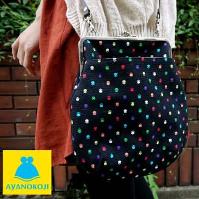 AYANOKOJI 【受注生産品】ポケット付きがま口フラットショルダーバッグ【帆布・がまドット柄】