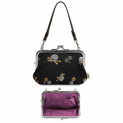 革ヒモ付き手提げがま口財布【ドクロ金襴】