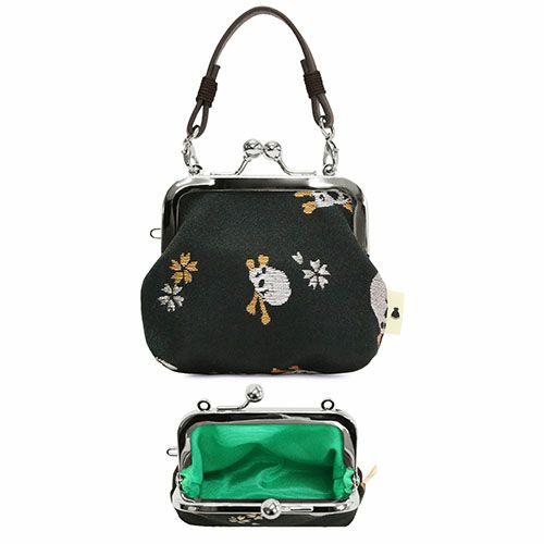 革ヒモ付き手提げがま口財布（小）【ドクロ金襴】