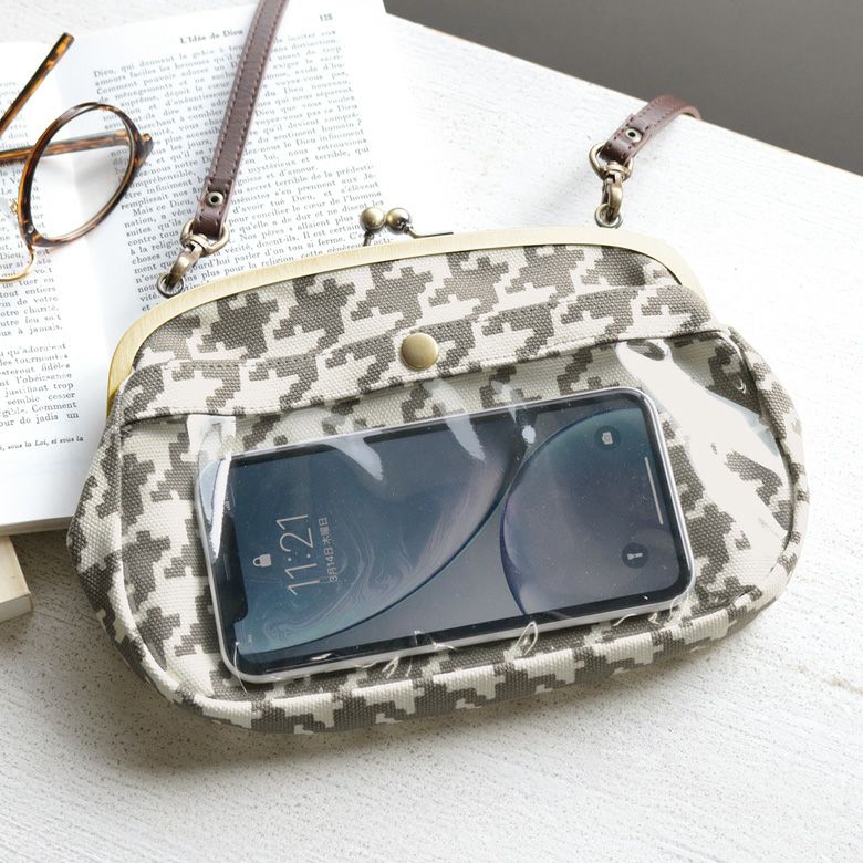 在庫商品】がま口スマホショルダーバッグ【帆布・バードチェック