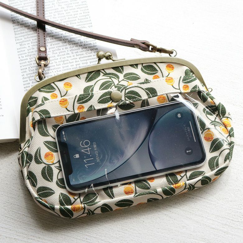在庫商品】がま口スマホショルダーバッグ【帆布・がまの実】 [M