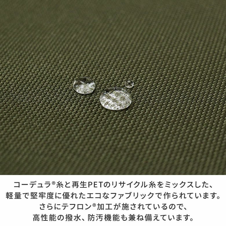 がま口スクエアワンショルダーバッグ【Sarei コーデュラ（R）re/cor（TM）（コーデュラレコー）】コーデュラ（R)糸と再生PETのリサイクル糸をミックスした、軽量で堅牢度に優れたエコなファブリックで作られています。さらにテフロン（R）加工が施されているので、高性能の撥水、防汚機能も兼ね備えています。
