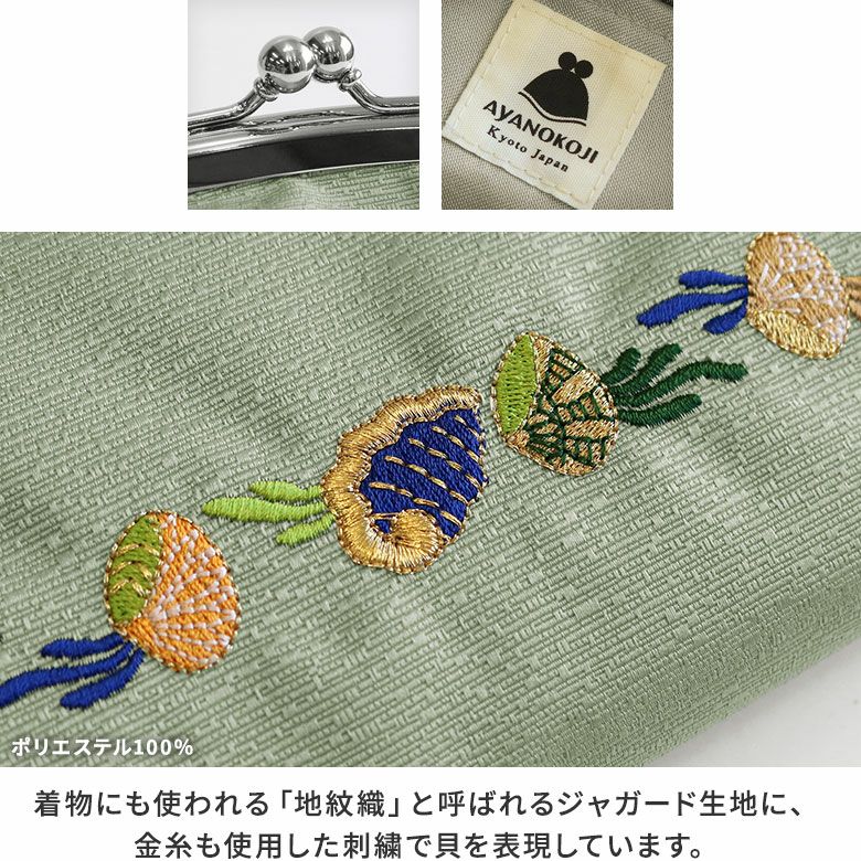 AYANOKOJI　海松貝文様鬘帯（みるがいもんようかづらおび）　がま口ラウンドタックポーチ　ディティール見せ　生地アップ　MATERIAL　着物にも使われる「地紋織」と呼ばれるジャガード生地に、金糸も使用した刺繍で貝を表現しています。