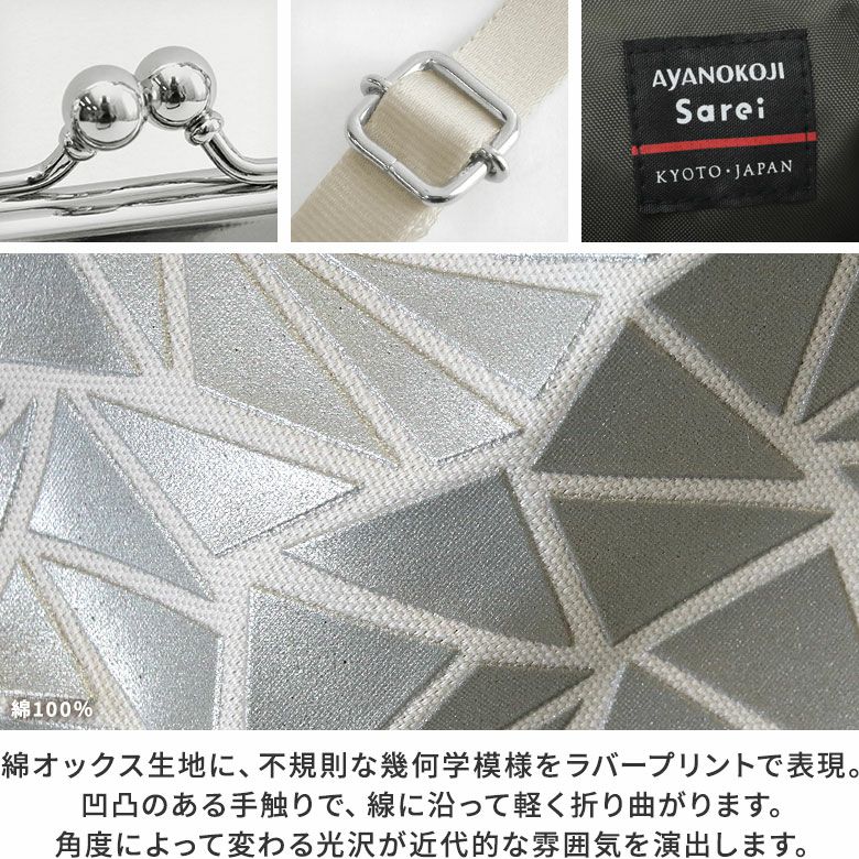 AYANOKOJI Sarei　ジオメトリックラバー　がま口ショルダーケース＋（プラス）　綿オックス生地に、不規則な幾何学模様をラバープリントで表現。凹凸のある手触りで、線に沿って軽く折り曲がります。角度によって変わる光沢が近代的な雰囲気を演出します。