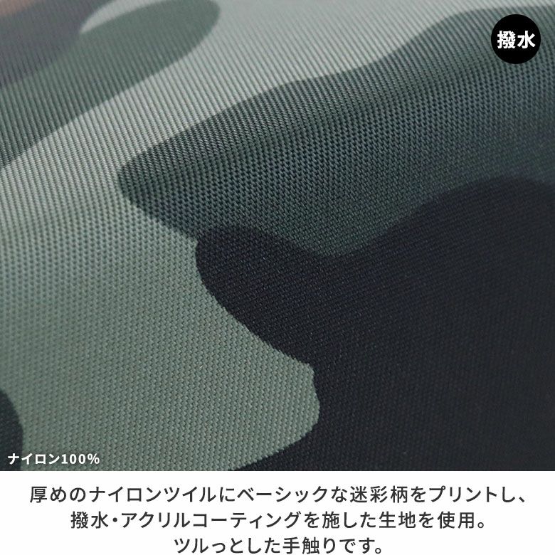 AYANOKOJI　アヤノコパッチン　がま口トレーBOX　生地アップ　厚めのナイロンツイルにベーシックな迷彩柄をプリントし、撥水・アクリルコーティングを施した生地を使用。ツルっとした手触りです。