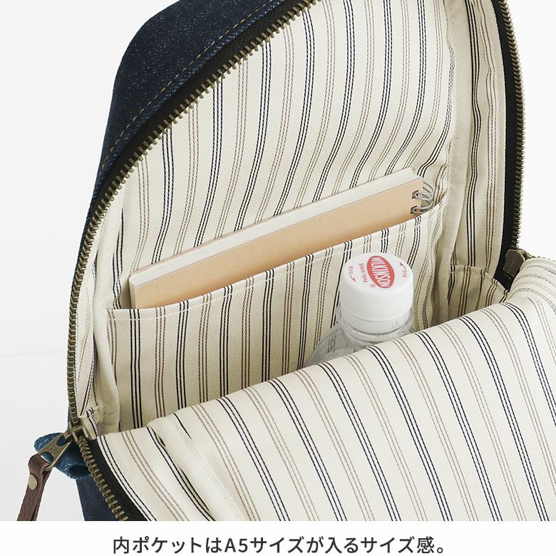 AYANOKOJI　ステッチデニム3　縦型がま口ボディバッグ　内ポケットはA5サイズが入るサイズ感。