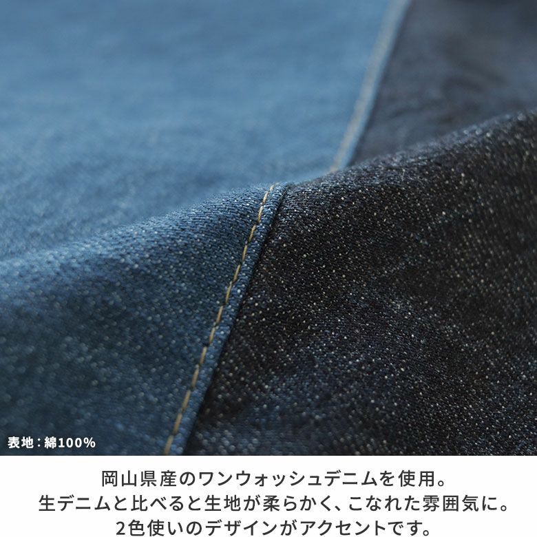 AYANOKOJI　ステッチデニム3　口折れ型がま口バッグ（大）　生地アップ　綿100％　岡山県産のワンウォッシュデニムを使用。生デニムと比べると生地が柔らかく、こなれた雰囲気に。2色使いのデザインとストライプの裏地もポイントです。