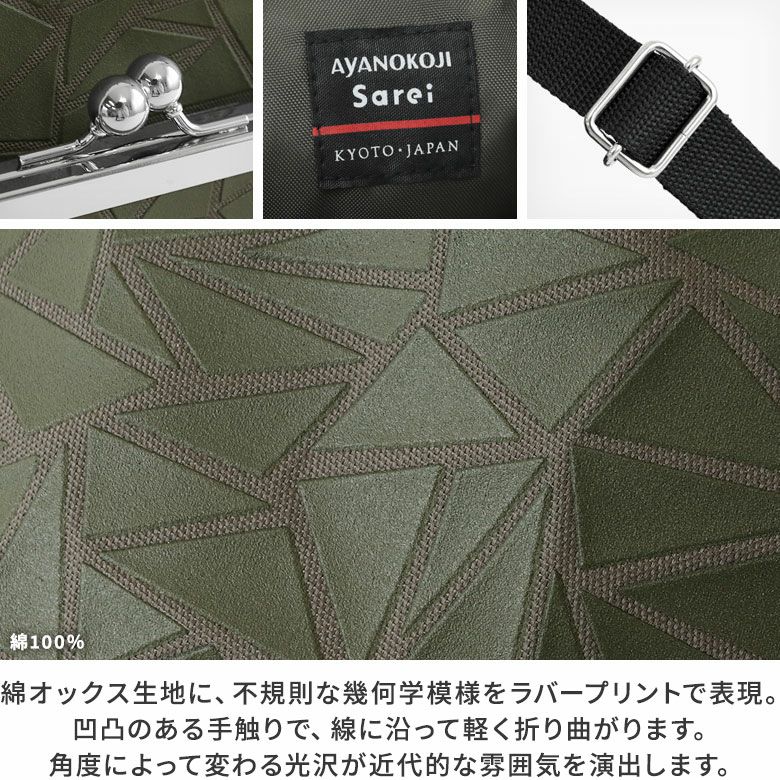 AYANOKOJI Sarei　ジオメトリックラバー　ポケット付がま口ファスナーリュック　綿オックス生地に、不規則な幾何学模様をラバープリントで表現。凹凸のある手触りで、線に沿って軽く折り曲がります。角度によって変わる光沢が近代的な雰囲気を演出します。
