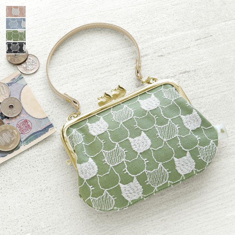 革ヒモ付き手提げがま口財布【ねこ刺繍2】