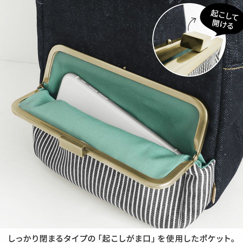 AYANOKOJI　デニム×ヒッコリー　縦型がま口ボディバッグ　しっかり閉まるタイプの「起こしがま口」を使用したがま口ポケット。 