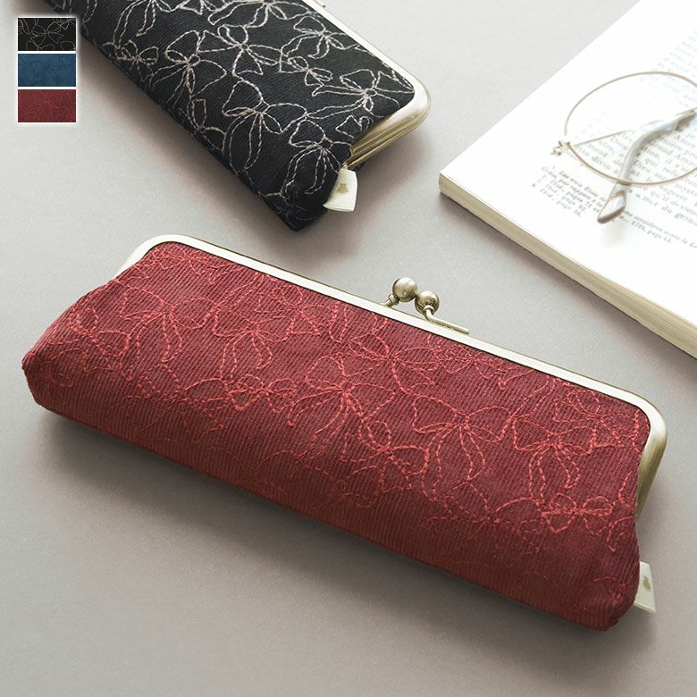 在庫商品】がま口KAKUメガネケース【リボン刺繍】 [M便 1/2] | がま口