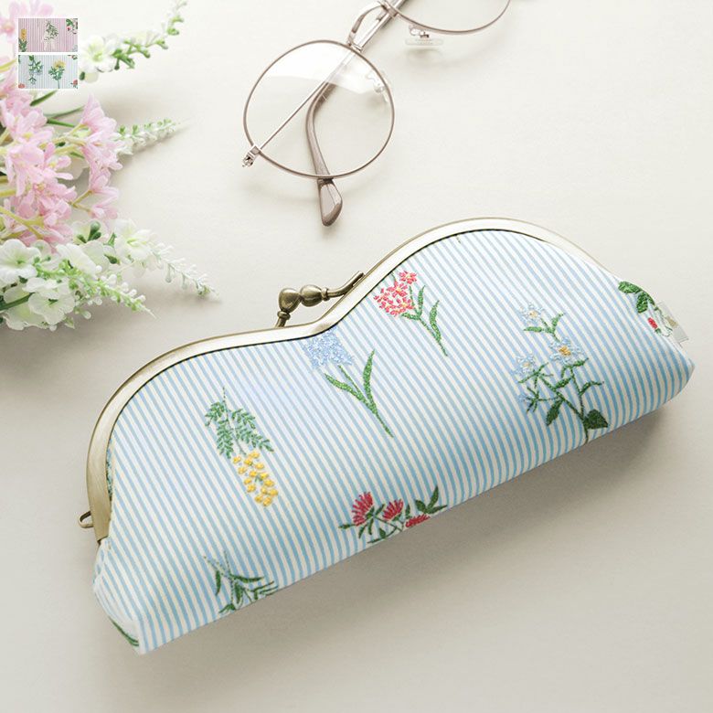 山型がま口メガネケース【フラワーストライプ】
