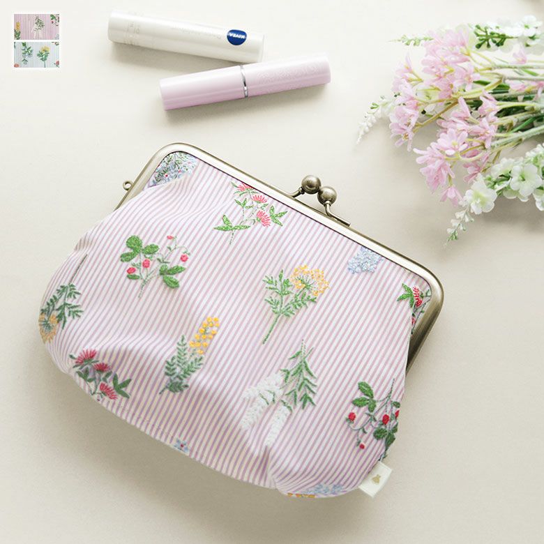 5寸がま口スッキリポーチ【フラワーストライプ】