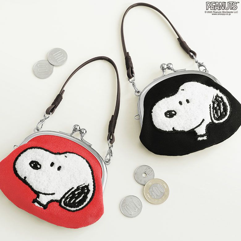 革ヒモ付き3.3寸がま口財布【PEANUTS_サガラ刺繍】