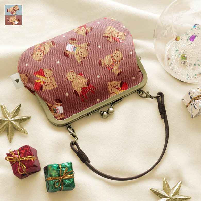 革ヒモ付き手提げがま口財布【テディベア】